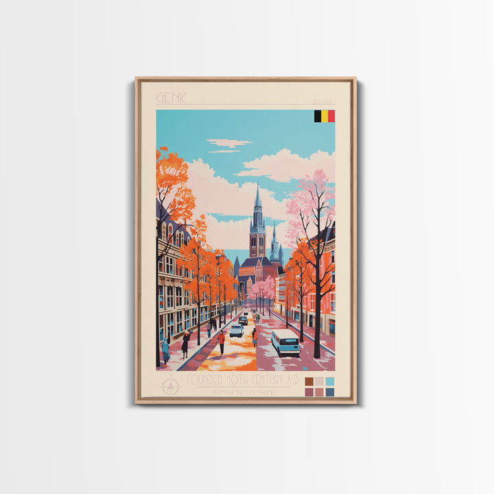 Genk Belgium Travel Poster Framed Canvas Print, Midcentury Modern Art, Pop Art Wall Decor, Home Decor, Vacation Gift, Bedroom Art