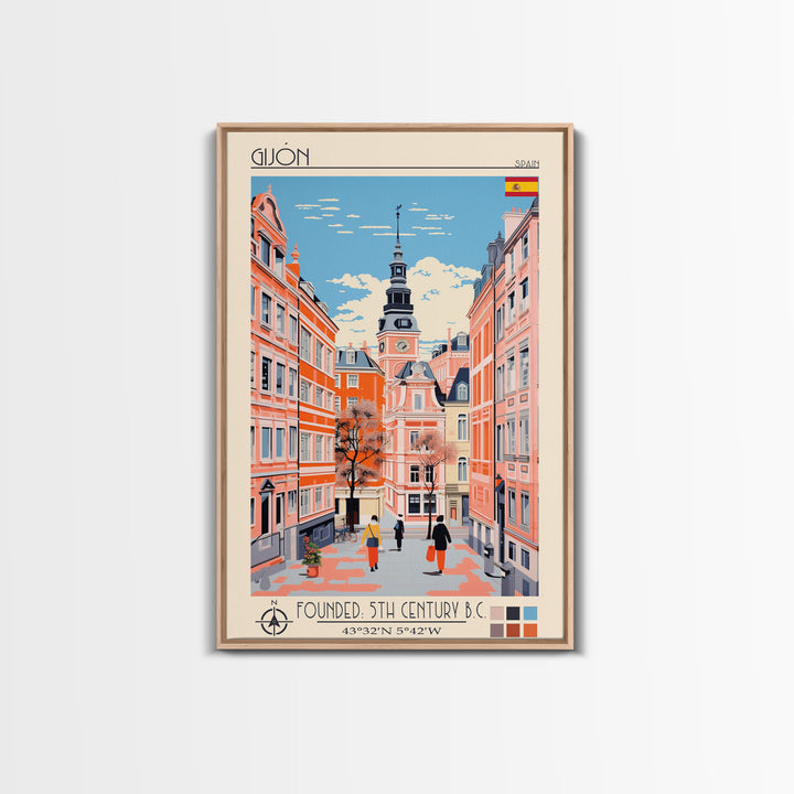 Gijón Spain Travel Poster Framed Canvas Print, Midcentury Modern Art, Pop Art Wall Decor, Scenic Wall Art, Living Room Decoration, Office Art