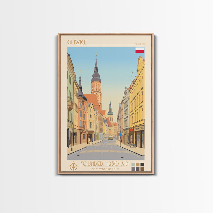 Gliwice Poland Travel Poster Framed Canvas Print, Midcentury Modern Art, Pop Art Wall Decor, Scenic Living Room Art, Bedroom Decor