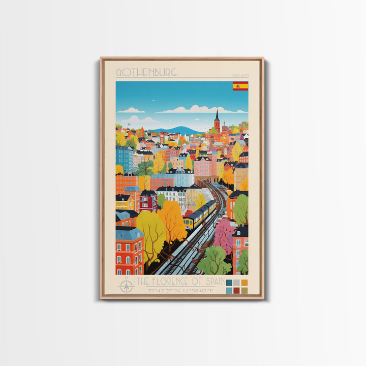 Gothenburg Sweden Travel Poster Framed Canvas Print, Midcentury Modern Art, Pop Art Wall Decor, Scenic Bedroom Art, Office Decoration