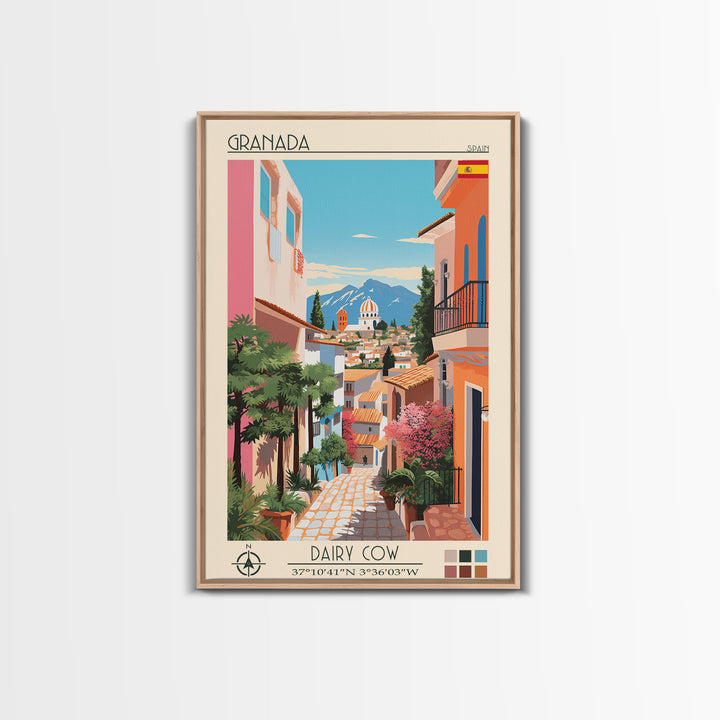 Granada Spain Travel Poster Framed Canvas Print, Midcentury Modern Art, Pop Art Wall Decor, Scenic Living Room Art, Bedroom Decor