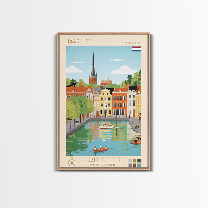 Haarlem Netherlands Travel Poster Framed Canvas Print, Midcentury Modern Art, Pop Art Wall Decor, Scenic Bedroom Art, Office Decoration