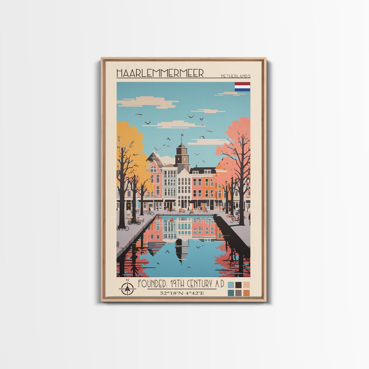 Haarlemmermeer Netherlands Travel Poster Framed Canvas Print, Midcentury Modern Art, Pop Art Wall Decor, Scenic Wall Art, Living Room Decoration, Office Art