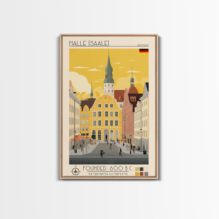 Halle Germany Travel Poster Framed Canvas Print, Midcentury Modern Art, Pop Art Wall Decor, Scenic Living Room Art, Bedroom Decor
