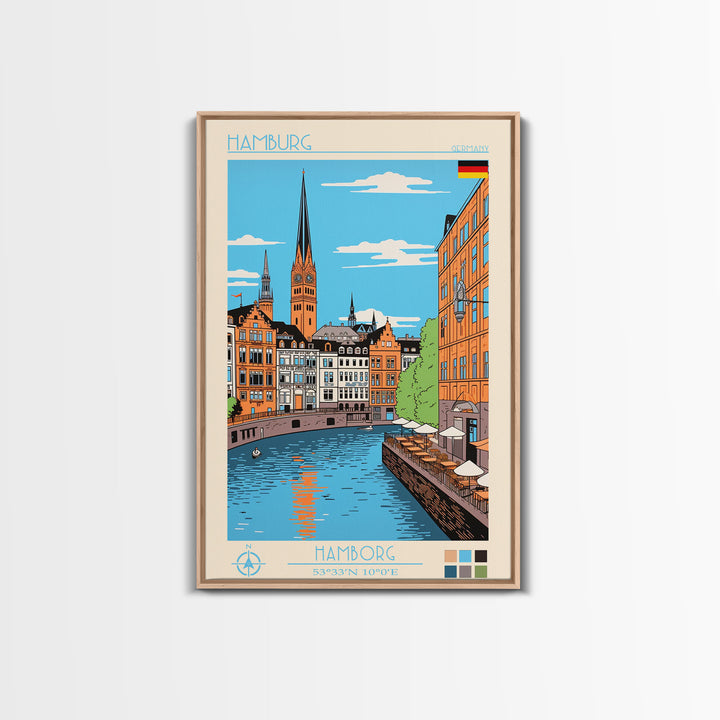 Hamburg Germany Travel Poster Framed Canvas Print, Midcentury Modern Art, Pop Art Wall Decor, Scenic Wall Art, Bedroom Decoration, Office Art
