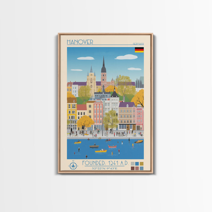 Hanover Germany Travel Poster Framed Canvas Print, Midcentury Modern Art, Pop Art Wall Decor, Scenic Wall Art, Living Room Decoration, Office Art