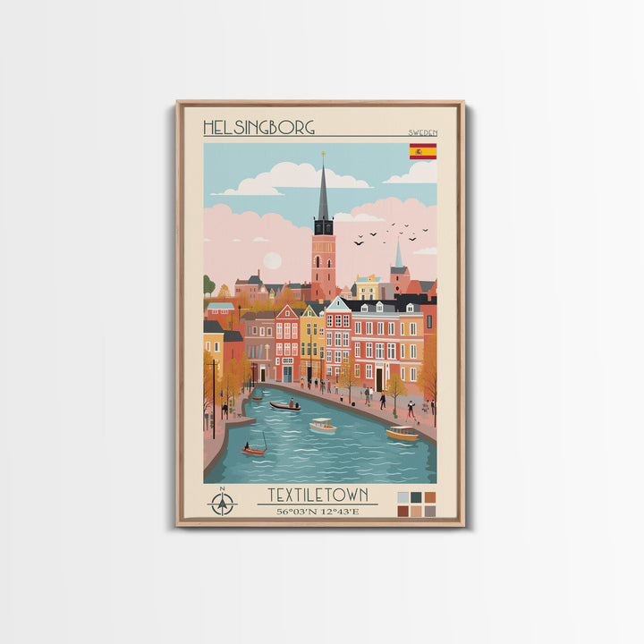 Helsingborg Sweden Travel Poster Framed Canvas Print, Midcentury Modern Art, Pop Art Wall Decor, Scenic Wall Art, Bedroom Decoration, Office Art