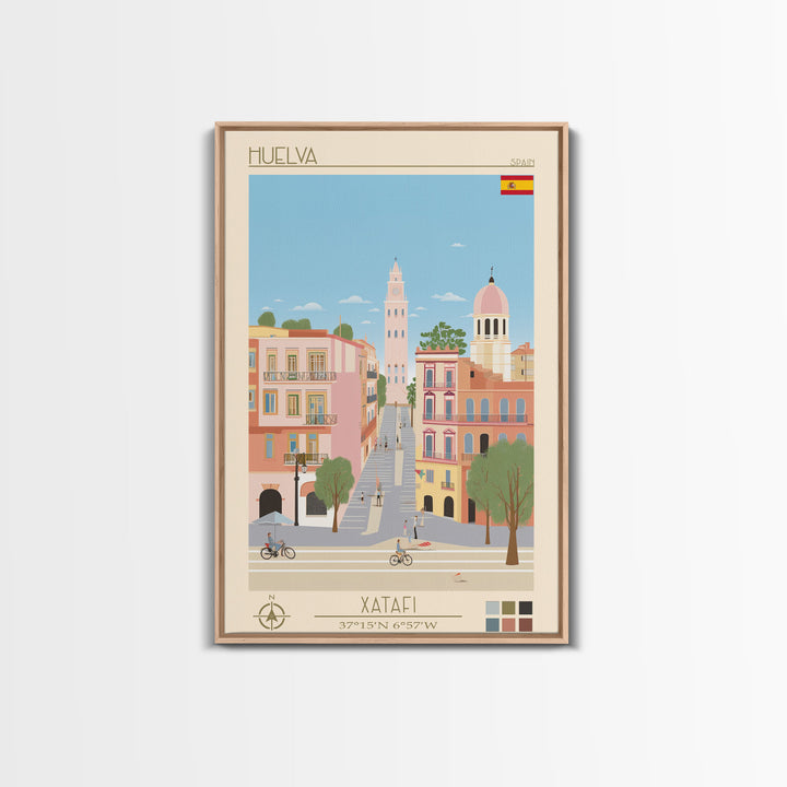 Huelva Spain Travel Poster Framed Canvas Print, Midcentury Modern Art, Pop Art Wall Decor, Scenic Wall Art, Living Room Decoration, Office Art