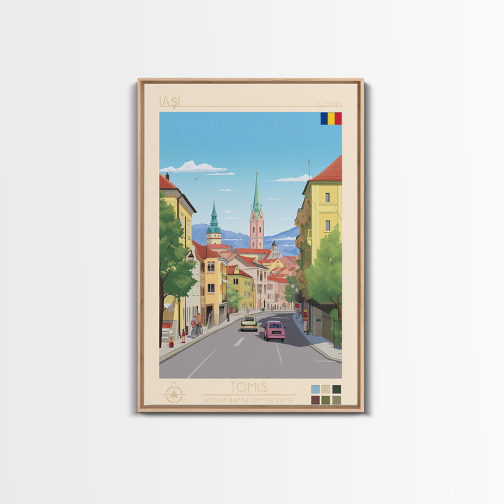 Iași Romania Travel Poster Framed Canvas Print, Midcentury Modern Art, Pop Art Wall Decor, Scenic Wall Art, Living Room Decoration, Office Gift