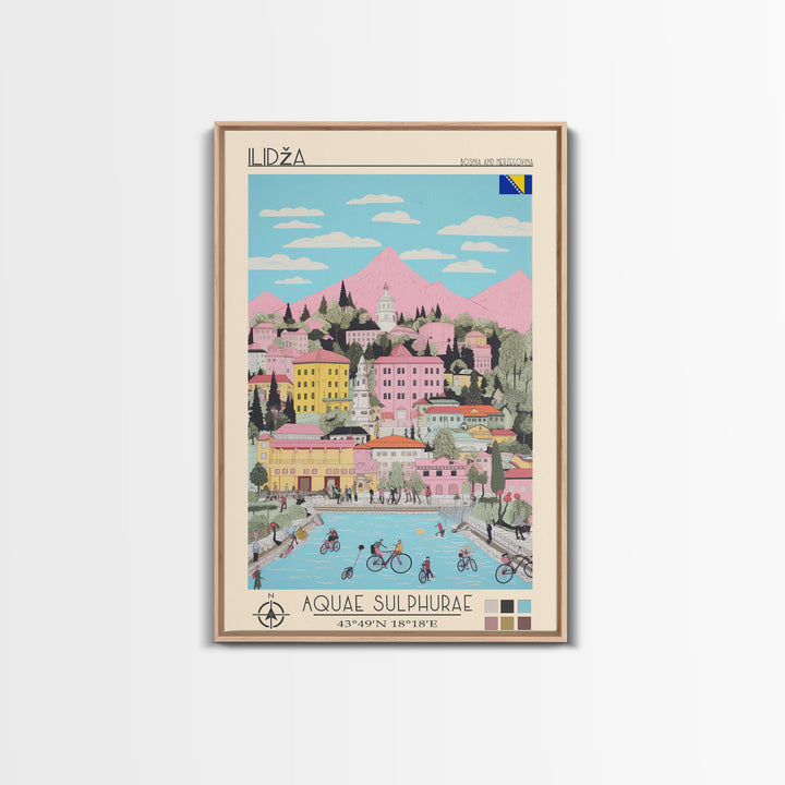 Ilidža Bosnia and Herzegovina Travel Poster Framed Canvas Print, Midcentury Modern Art, Pop Art Wall Decor, Scenic Wall Art, Bedroom Decoration