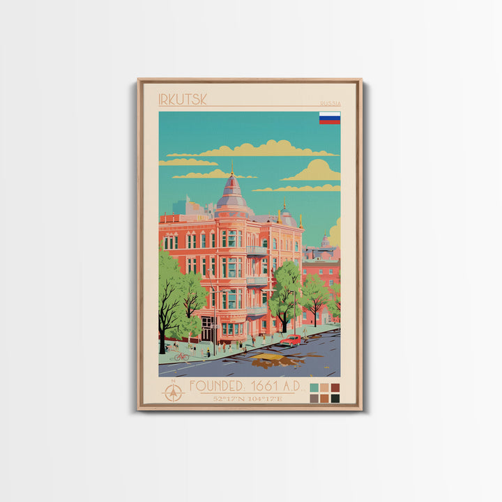 Irkutsk Russia Travel Poster Framed Canvas Print, Midcentury Modern Art, Pop Art Wall Decor, Scenic Bedroom Art, Office Decoration