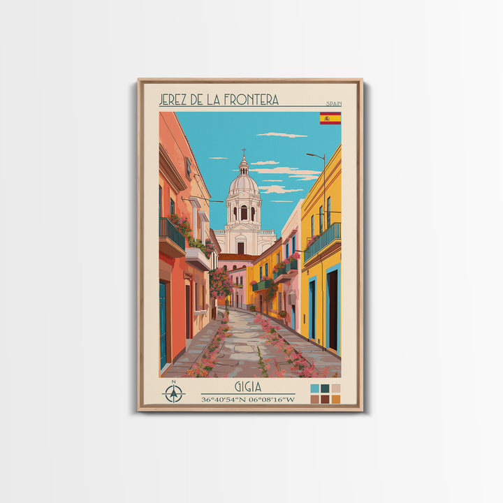 Jerez de la Frontera Spain Travel Poster Framed Canvas Print, Midcentury Modern Art, Pop Art Wall Decor, Scenic Bedroom Art, Office Decoration