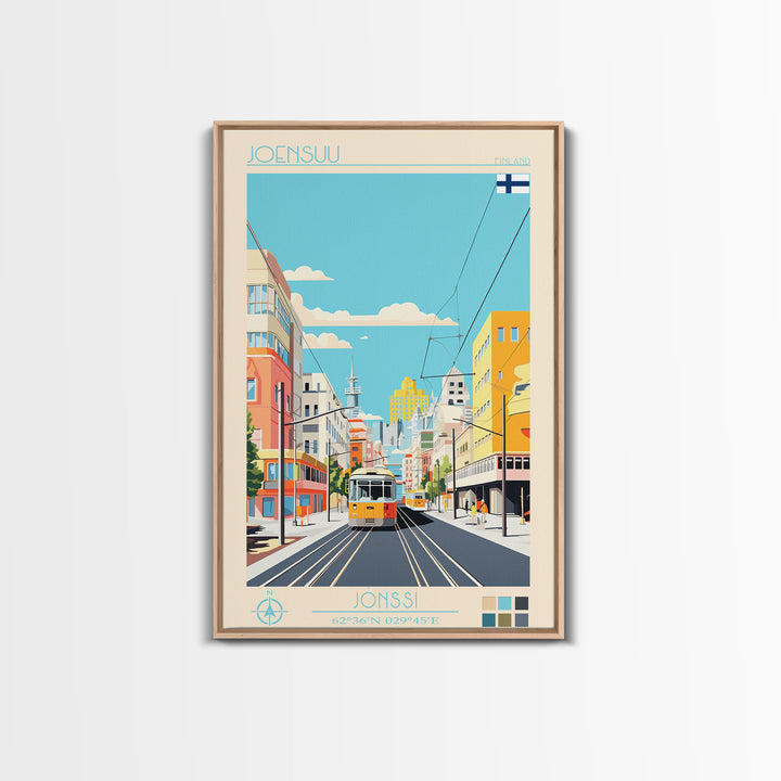 Joensuu Finland Travel Poster Framed Canvas Print, Midcentury Modern Art, Pop Art Wall Decor, Scenic Living Room Art, Bedroom Decor