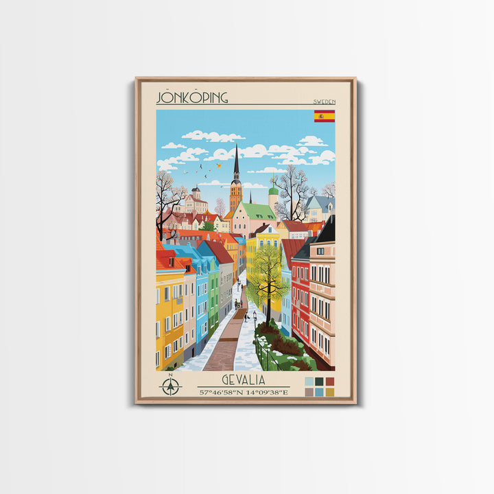 Jönköping Sweden Travel Poster Framed Canvas Print, Midcentury Modern Art, Pop Art Wall Decor, Home Decor, Vacation Gift, Office Art