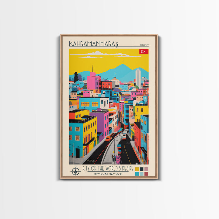 Kahramanmaraş Turkey Travel Poster Framed Canvas Print, Midcentury Modern Art, Pop Art Wall Decor, Scenic Living Room Art, Bedroom Gift