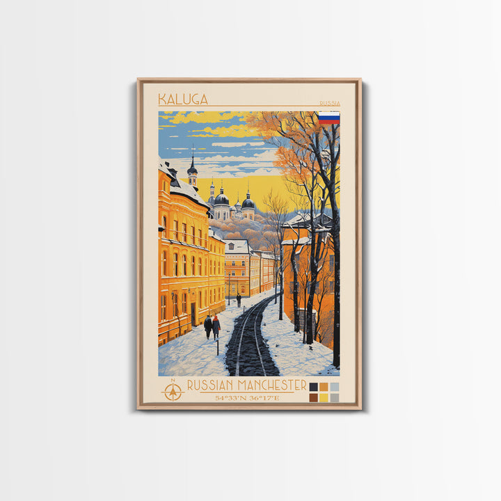 Kaluga Russia Travel Poster Framed Canvas Print, Midcentury Modern Art, Pop Art Wall Decor, Scenic Wall Art, Bedroom Decoration