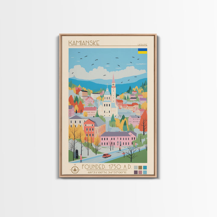 Kamianske Ukraine Travel Poster Framed Canvas Print, Midcentury Modern Art, Pop Art Wall Decor, Scenic Wall Art, Living Room Decoration, Office Art