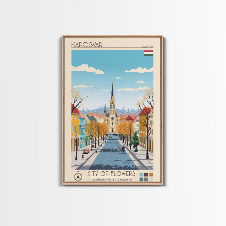 Kaposvár Hungary Travel Poster Framed Canvas Print, Midcentury Modern Art, Pop Art Wall Decor, Scenic Bedroom Art, Office Decoration