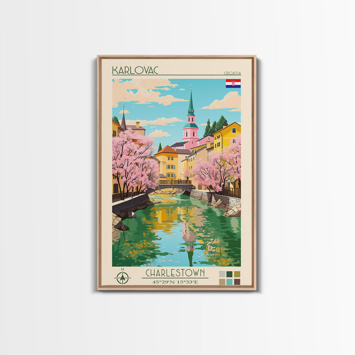 Karlovac Croatia Travel Poster Framed Canvas Print, Midcentury Modern Art, Pop Art Wall Decor, Scenic Living Room Art, Bedroom Decor