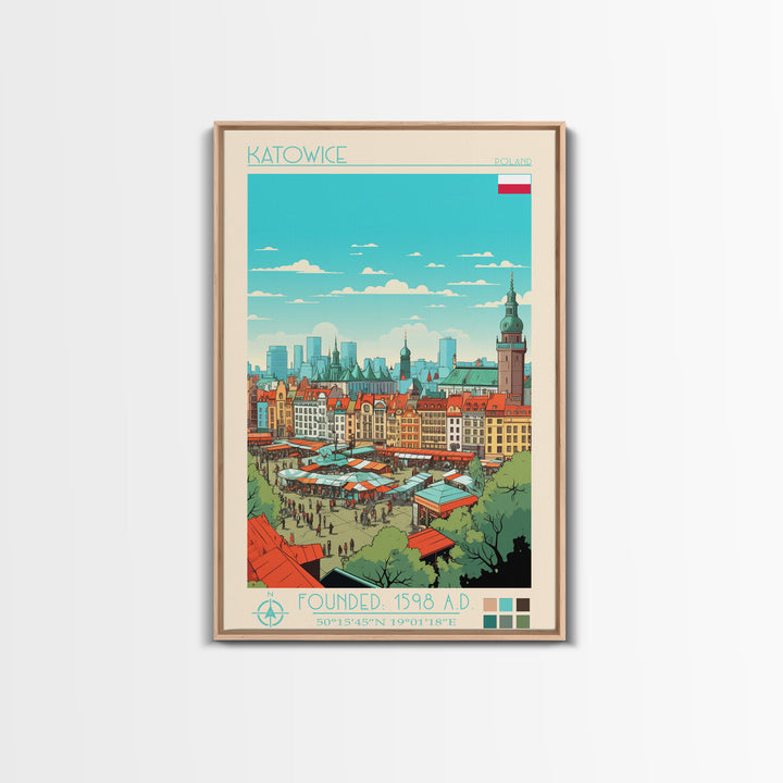 Katowice Poland Travel Poster Framed Canvas Print, Midcentury Modern Art, Pop Art Wall Decor, Home Decor, Vacation Gift, Office Art