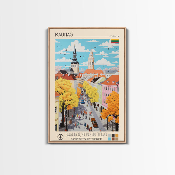 Kaunas Lithuania Travel Poster Framed Canvas Print, Midcentury Modern Art, Pop Art Wall Decor, Scenic Living Room Art, Bedroom Gift
