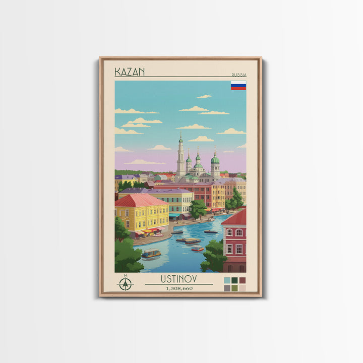 Kazan Russia Travel Poster Framed Canvas Print, Midcentury Modern Art, Pop Art Wall Decor, Scenic Bedroom Art, Office Decoration