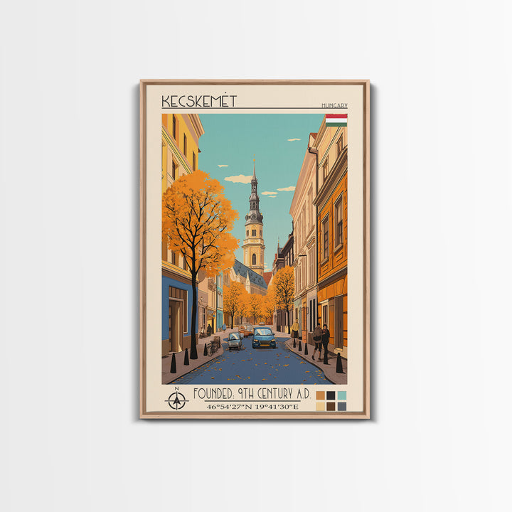 Kecskemét Hungary Travel Poster Framed Canvas Print, Midcentury Modern Art, Pop Art Wall Decor, Scenic Living Room Art, Bedroom Decor