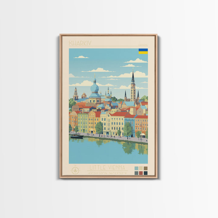 Kharkiv Ukraine Travel Poster Framed Canvas Print, Midcentury Modern Art, Pop Art Wall Decor, Scenic Living Room Art, Bedroom Gift