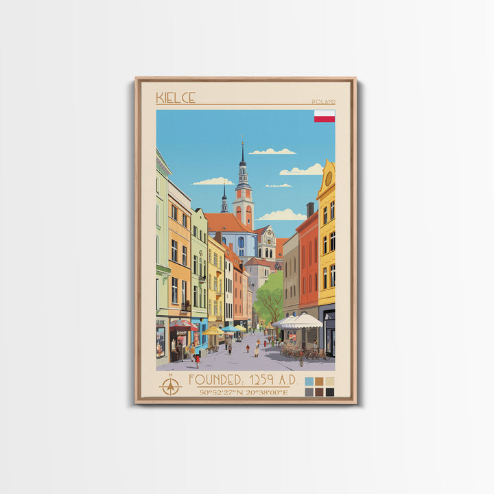 Kielce Poland Travel Poster Framed Canvas Print, Midcentury Modern Art, Pop Art Wall Decor, Scenic Wall Art, Bedroom Decoration