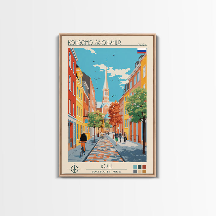 Komsomolsk on Amur Russia Travel Poster Framed Canvas Print, Midcentury Modern Art, Pop Art Wall Decor, Scenic Wall Art, Living Room Decoration, Office Art