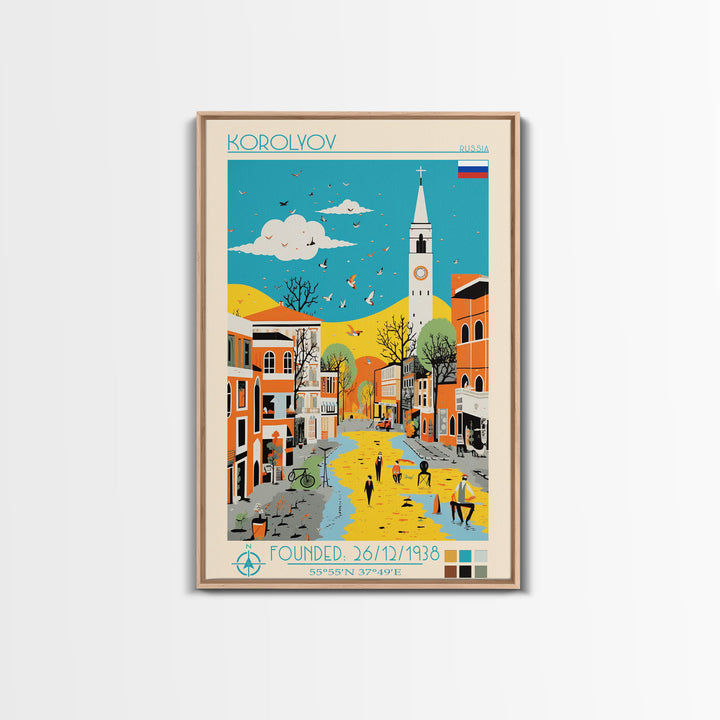 Korolyov Russia Travel Poster Framed Canvas Print, Midcentury Modern Art, Pop Art Wall Decor, Scenic Bedroom Art, Office Decoration