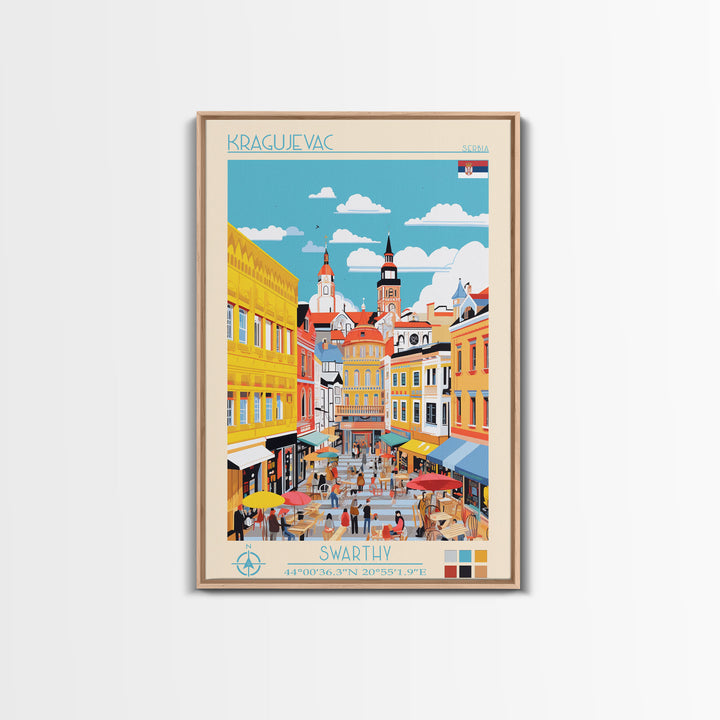 Kragujevac Serbia Travel Poster Framed Canvas Print, Midcentury Modern Art, Pop Art Wall Decor, Scenic Wall Art, Living Room Decoration, Office Art