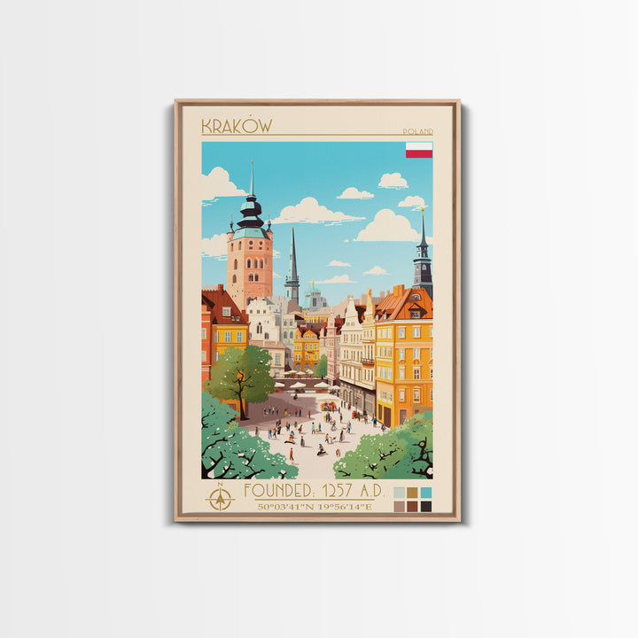 Kraków Poland Travel Poster Framed Canvas Print, Midcentury Modern Art, Pop Art Wall Decor, Home Decor, Vacation Gift, Bedroom Art