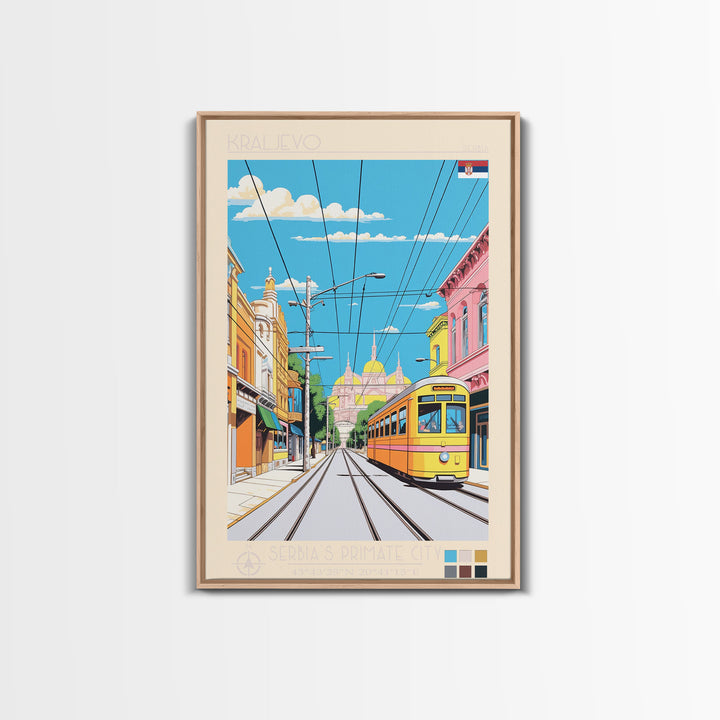 Kraljevo Serbia Travel Poster Framed Canvas Print, Midcentury Modern Art, Pop Art Wall Decor, Scenic Wall Art, Living Room Decoration, Office Gift