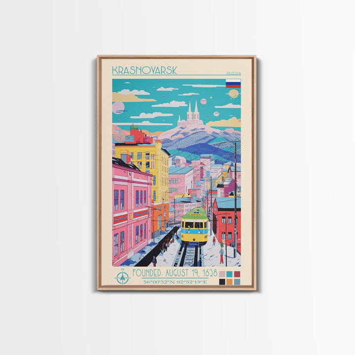 Krasnoyarsk Russia Travel Poster Framed Canvas Print, Midcentury Modern Art, Pop Art Wall Decor, Scenic Bedroom Art, Office Decoration