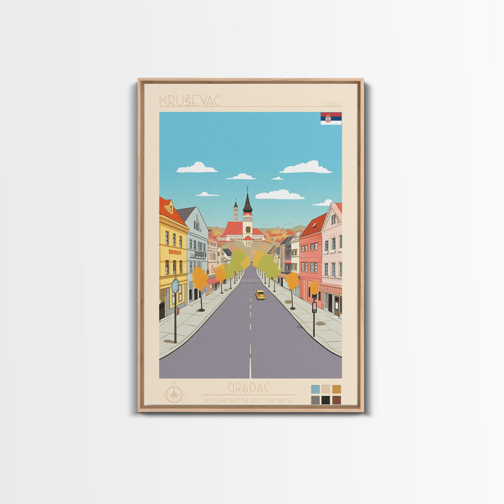 Kruševac Serbia Travel Poster Framed Canvas Print, Midcentury Modern Art, Pop Art Wall Decor, Scenic Living Room Art, Bedroom Gift