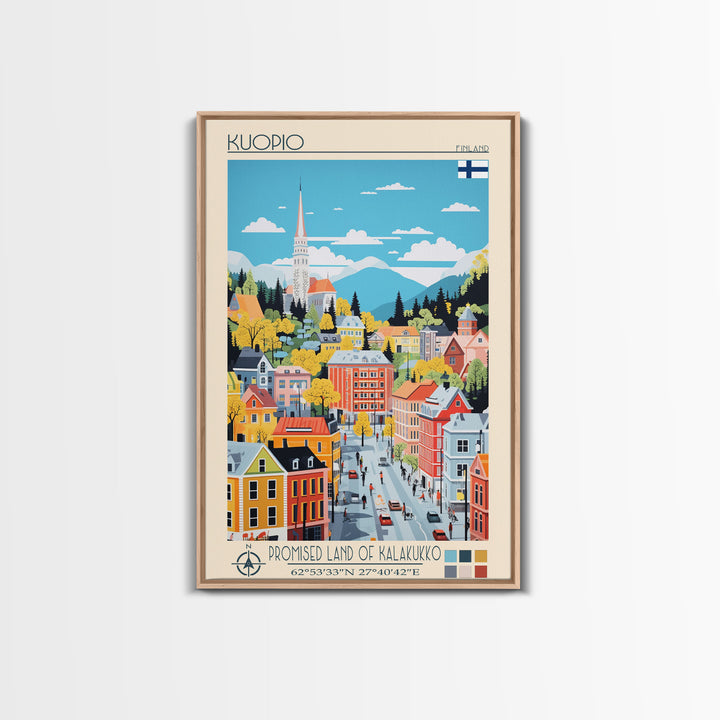 Kuopio Finland Travel Poster Framed Canvas Print, Midcentury Modern Art, Pop Art Wall Decor, Home Decor, Vacation Gift, Bedroom Art