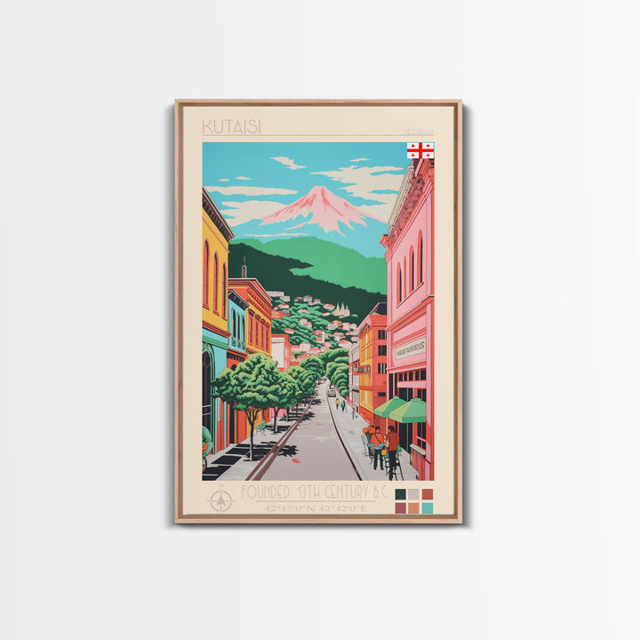 Kutaisi Georgia Travel Poster Framed Canvas Print, Midcentury Modern Art, Pop Art Wall Decor, Scenic Living Room Art, Bedroom Decor