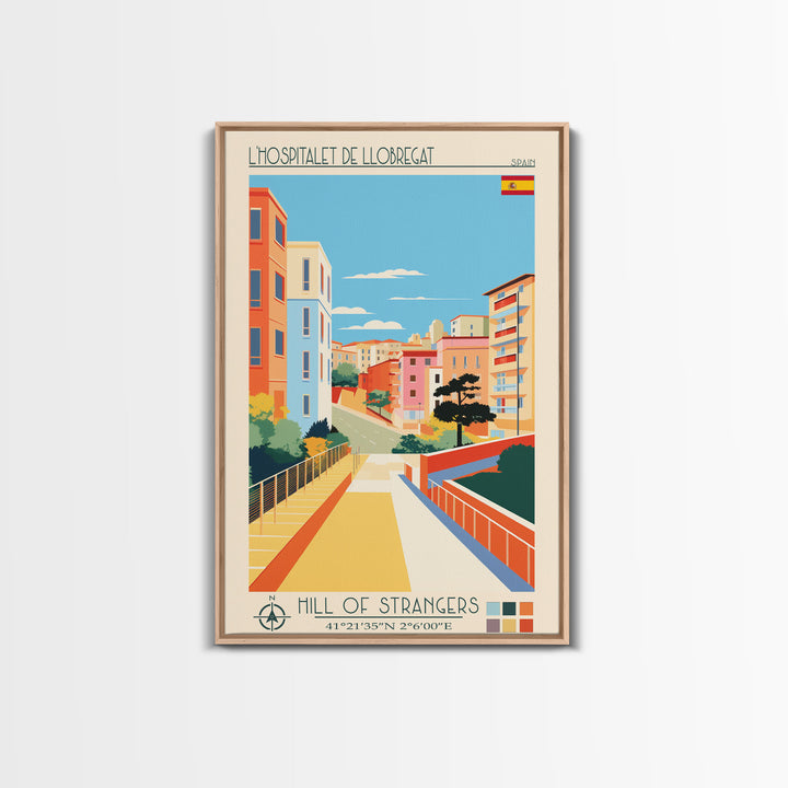 L'Hospitalet de Llobregat Spain Travel Poster Framed Canvas Print, Midcentury Modern Art, Pop Art Wall Decor, Home Decor, Vacation Gift, Office Art