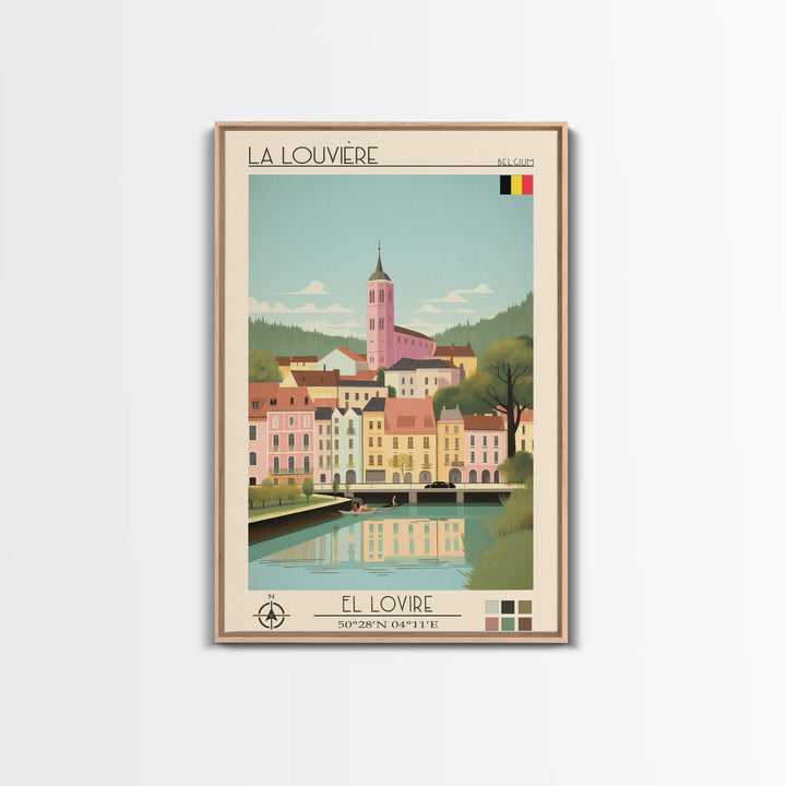 La Louvière Belgium Travel Poster Framed Canvas Print, Midcentury Modern Art, Pop Art Wall Decor, Scenic Living Room Art, Bedroom Gift
