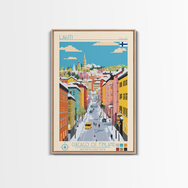 Lahti Finland Travel Poster Framed Canvas Print, Midcentury Modern Art, Pop Art Wall Decor, Scenic Wall Art, Living Room Decoration, Office Art
