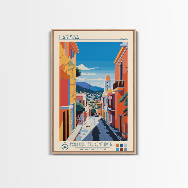 Larissa Greece Travel Poster Framed Canvas Print, Midcentury Modern Art, Pop Art Wall Decor, Scenic Wall Art, Living Room Decoration, Office Gift