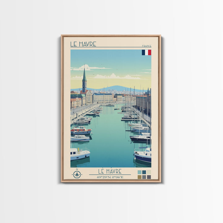 Le Havre France Travel Poster Framed Canvas Print, Midcentury Modern Art, Pop Art Wall Decor, Scenic Bedroom Art, Office Decoration