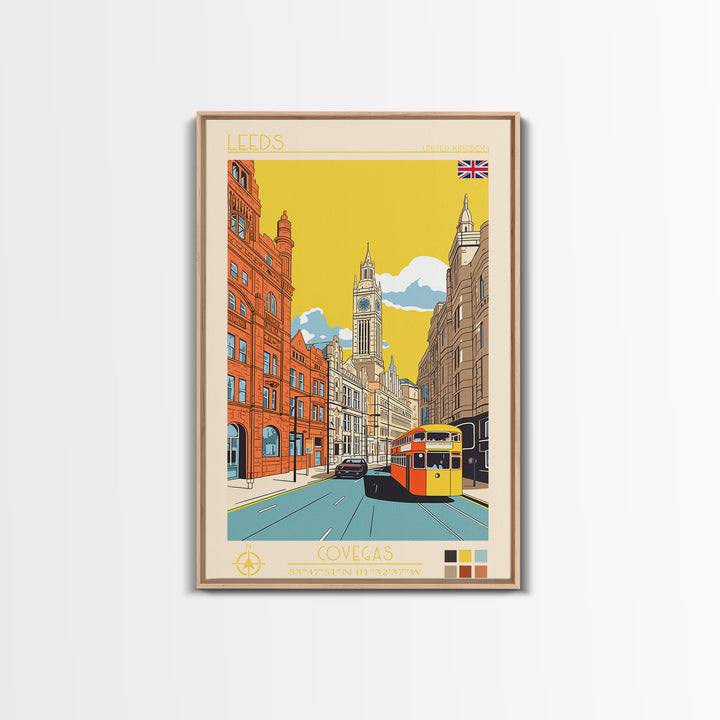 Leeds United Kingdom Travel Poster Framed Canvas Print, Midcentury Modern Art, Pop Art Wall Decor, Scenic Living Room Art, Bedroom Decor