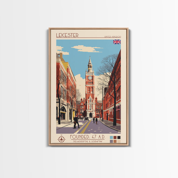 Leicester United Kingdom Travel Poster Framed Canvas Print, Midcentury Modern Art, Pop Art Wall Decor, Home Decor, Vacation Gift, Office Art