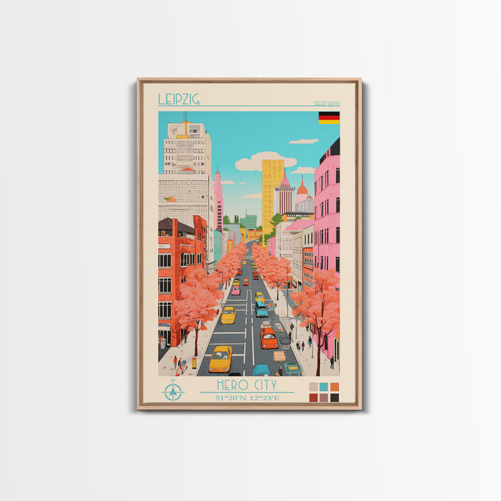 Leipzig Germany Travel Poster Framed Canvas Print, Midcentury Modern Art, Pop Art Wall Decor, Scenic Living Room Art, Bedroom Gift
