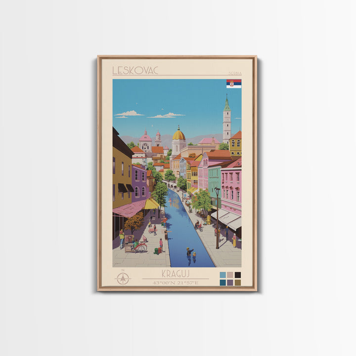 Leskovac Serbia Travel Poster Framed Canvas Print, Midcentury Modern Art, Pop Art Wall Decor, Scenic Wall Art, Living Room Decoration, Office Art