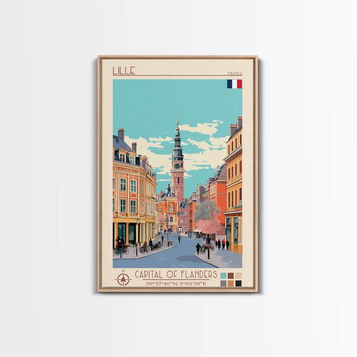 Lille France Travel Poster Framed Canvas Print, Midcentury Modern Art, Pop Art Wall Decor, Scenic Wall Art, Bedroom Decoration, Office Art