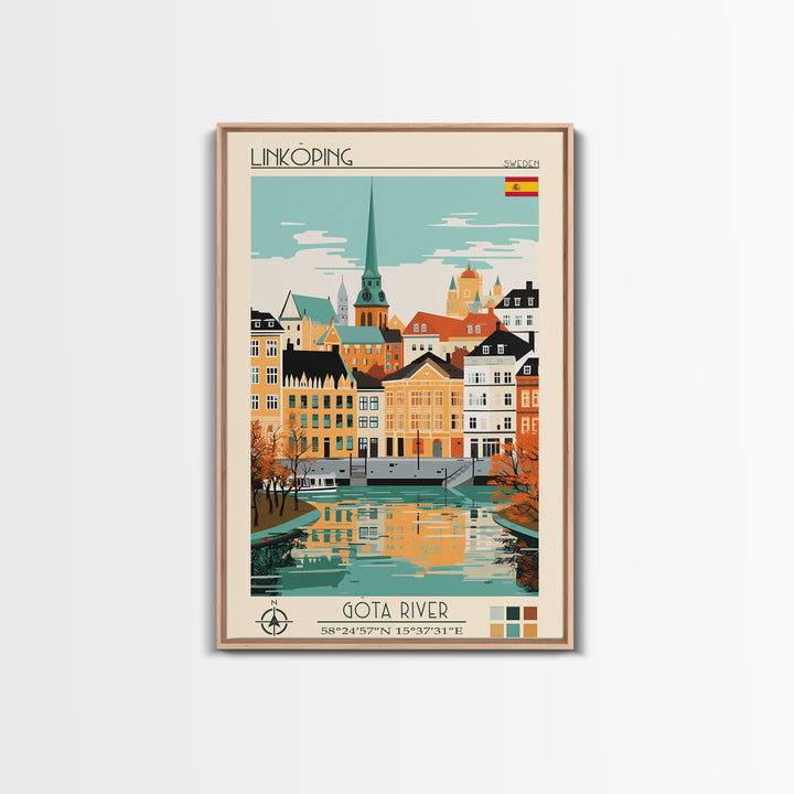Linköping Sweden Travel Poster Framed Canvas Print, Midcentury Modern Art, Pop Art Wall Decor, Scenic Art, Home and Office Decoration