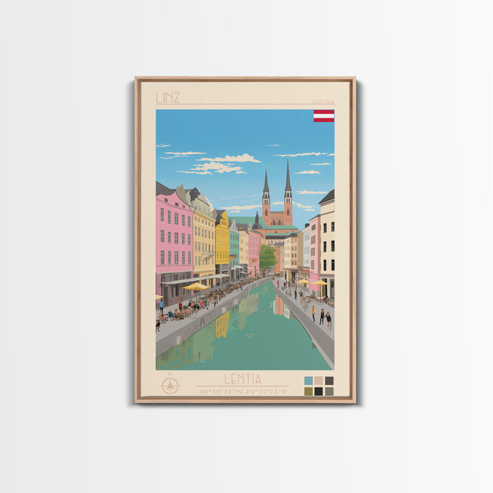 Linz Austria Travel Poster Framed Canvas Print, Wall Decor, Midcentury Modern Art, Pop Art, Scenic Art for Bedroom and Living Room